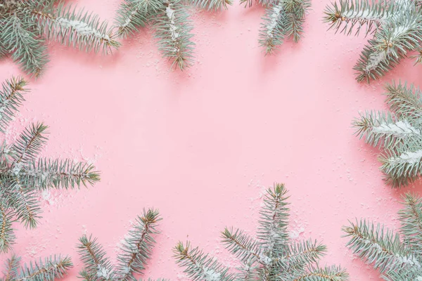 Vánoční rám vyrobený z jedlových větví a sněhu na růžovém. Xmas pozadí. Rovně ležet. Pohled shora s prostorem kopírování — Stock fotografie