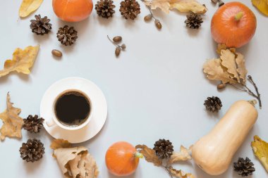 Sonbahar natürmort, siyah kahve, kuru yapraklar ve gri kabak. Üst görünüm ve kopyalama alanı.