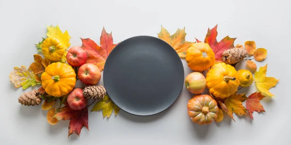 Herbstdekor zum Erntedank mit Kürbissen, Blättern, Äpfeln auf grau. — Stockfoto