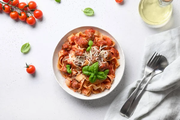 Pasta Fettuccine Meatballs Parmesan Cherry Tomatoes Basil White Table View — Stock Photo, Image
