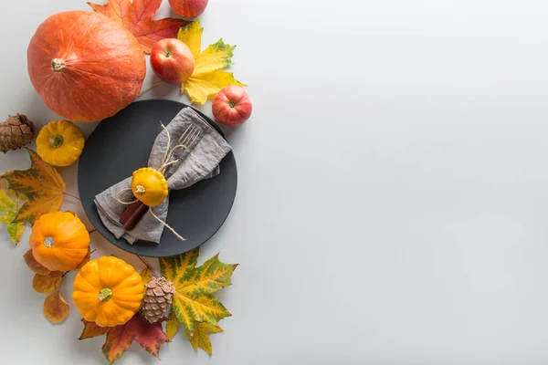 Fall table setting as frame with cutlery, plate, pumpkins, leaves, apples on grey. View from above. Horizontal orientation. Space for text