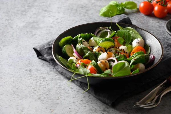 Hausgemachter Salat Mit Spinat Kirschtomaten Basilikum Zwiebeln Und Mozzarella Auf — Stockfoto