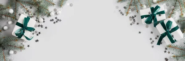 Christmas Banner Gifts Xmas Fir Branches White Decor Grey Merry — Stock Photo, Image