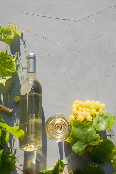 Bottle of white wine with grape on grey table in sunny rays. Outdoors. Vertical composition. View from above.