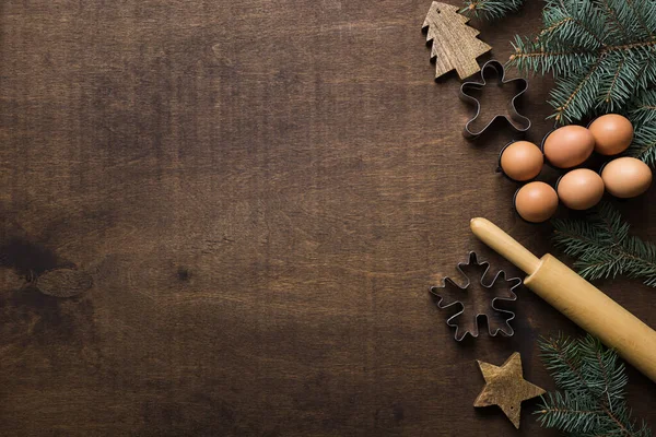 Frontera Navideña Con Ingredientes Para Hornear Galletas Jengibre Decoradas Con —  Fotos de Stock