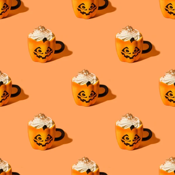 Seamless pattern of Halloween pumpkin coffee latte with wripped cream in fun cups on orange background.