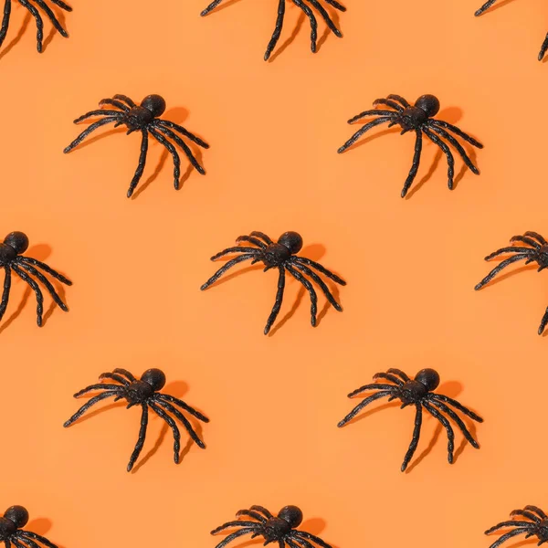 Nahtloses Muster Schwarzer Spinnen Lustige Dekoration Auf Orangefarbenem Hintergrund — Stockfoto