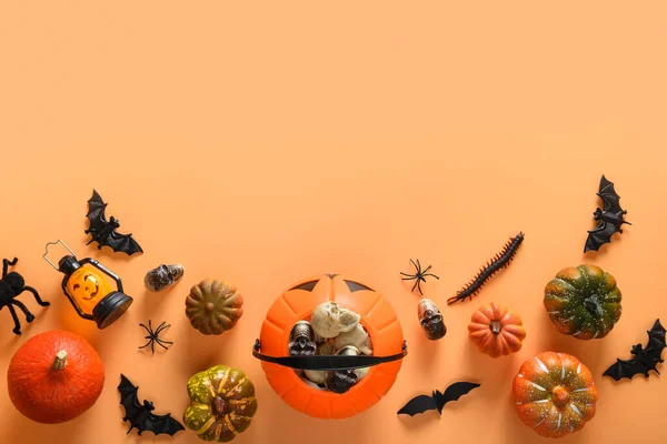 Cornice Halloween Decorazioni Feste Divertenti Ciotola Caramelle Zucche Dolci Pipistrelli — Foto Stock