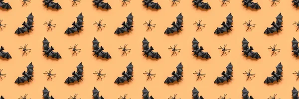 Naadloos Patroon Van Halloween Zwarte Spinnen Een Vleermuis Leuke Decoratie — Stockfoto