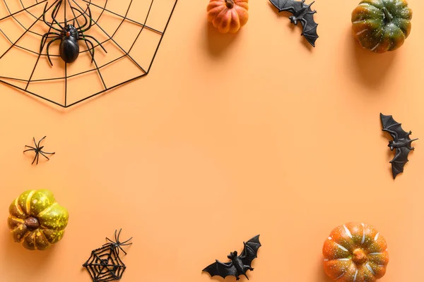 Marco Halloween Decoraciones Fiesta Divertidas Calabazas Telaraña Espeluznante Murciélagos Araña — Foto de Stock