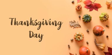 Sonbahar portakalı arkaplanlı Şükran Günü balkabağı pankartı. Üst görünüm.