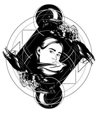 Vektör elle çizilmiş çizim kartal ve izole kız. Gerçeküstü dövme sanat ile geometrik oluşturma. Kartı, poster, afiş, t-shirt için yazdırma için şablon. 