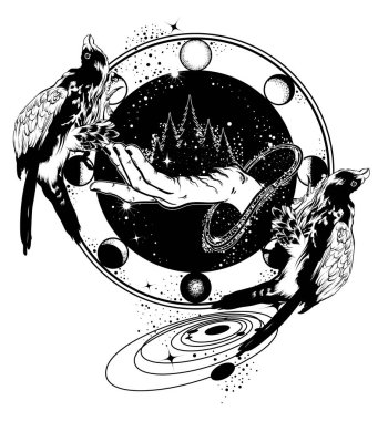Vektör el el orman ve Şahin gerçeküstü resmini çekilmiş. Gezegenler ile dövme sanat. Kartı, poster, afiş, t-shirt, baskı için şablonu tasarlamak. 