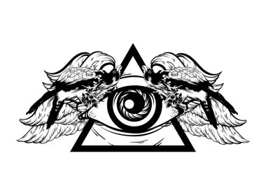 Vector hand drawn illustration of all-seeing eye and falcon isolated.  Surreal tattoo artwork with wings.  Template for card, poster, banner, print for t-shirt, placard.  clipart
