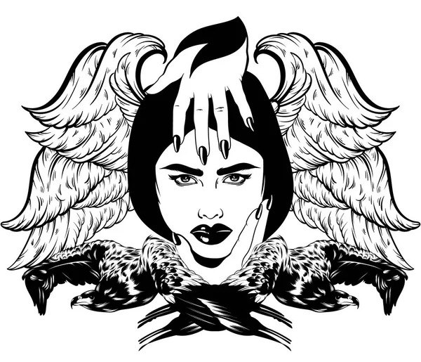 Ručně Kreslenou Vektorové Ilustrace Orel Dívka Samostatný Surrealistické Kresby Tetování — Stockový vektor
