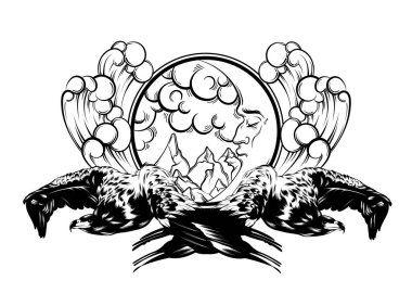 Ay ve izole bulutlar Kartallarla vektör elle çizilmiş çizim. Gerçeküstü dövme sanat. Kartı, poster, afiş, t-shirt için yazdırma için şablon. 