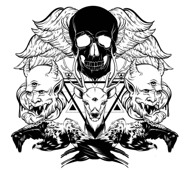 Ilustración Dibujada Mano Vectorial Águilas Con Cráneo Humano Demonios Ciervos — Vector de stock
