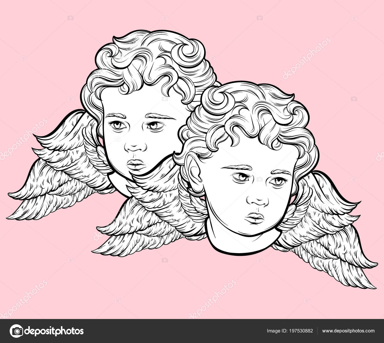 Vector Hand Drawn Portrait Cupid Wings Isolated Illustration Made