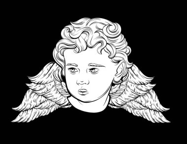 Vektör el çizilmiş portresi Cupid izole kanatlı. Resimde gerçekçi tarzda yapılmış. Şablon kartı, poster, afiş, t-shirt, PIN, rozet ve yama için yazdırma. 