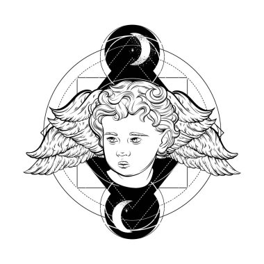 Vektör el çizilmiş portresi Cupid izole kanatlı. Resimde gerçekçi tarzda yapılmış. Şablon kartı, poster, afiş, t-shirt, PIN, rozet ve yama için yazdırma. 