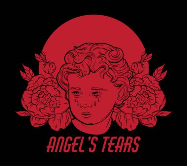 Angel'ın gözyaşları. Vektör el çizilmiş portresi Cupid çiçek ve izole yağmur bulutu. Resimde gerçekçi tarzda yapılmış. Şablon kartı, poster, afiş, t-shirt, PIN, rozet ve yama için yazdırma. 