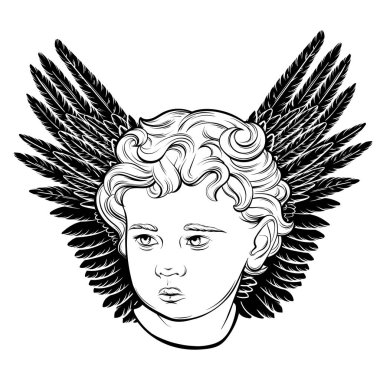 Vektör el çizilmiş portresi Cupid izole kanatlı. Resimde gerçekçi tarzda yapılmış. Şablon kartı, poster, afiş, t-shirt, PIN, rozet ve yama için yazdırma. 