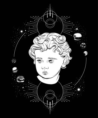 Vektör el çizilmiş portresi Cupid gezegenlerin ve geometrik kompozisyon izole. Resimde gerçekçi tarzda yapılmış. Şablon kartı, poster, afiş, t-shirt, PIN, rozet ve yama için yazdırma. 
