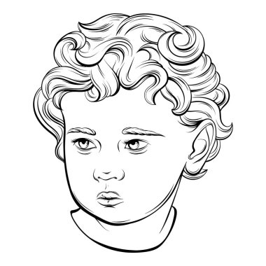 Vektör izole aşk tanrısı el çizilmiş portresi. Resimde gerçekçi tarzda yapılmış. Şablon kartı, poster, afiş, t-shirt, PIN, rozet ve yama için yazdırma. 