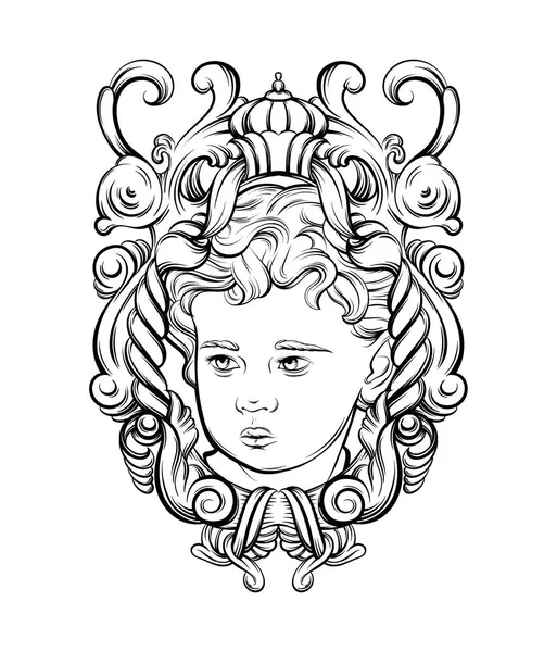 Portrait Vectoriel Dessiné Main Cupidon Avec Cadre Baroque Isolé Illustration — Image vectorielle
