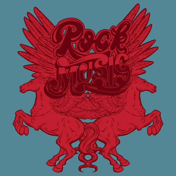 Música Rock Ilustración Dibujada Mano Vectorial Pegaso Letras Manuscritas Con — Vector de stock