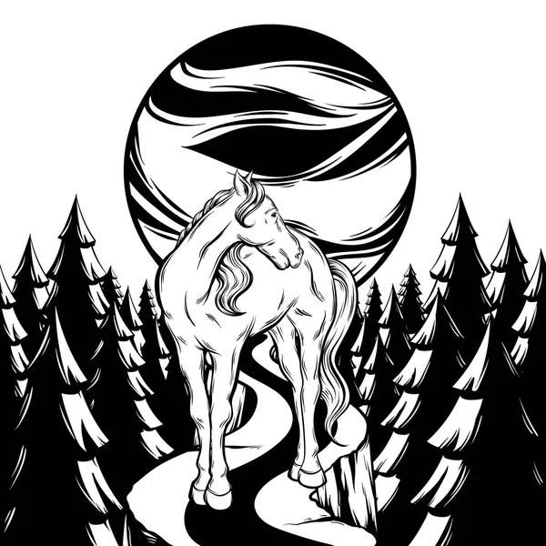 Vector Mão Desenhada Ilustração Paisagem Com Floresta Planeta Cavalo Isolado — Vetor de Stock