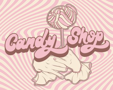 Candy shop. Vektör el gerçeküstü illüstrasyon insan el lolipop ve ağız ile çekilmiş. Yazı el yazısı. Şablon kartı, poster. afiş, t-shirt, pin, rozet, yama için yazdırma.