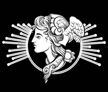 Hermes çizilen illüstrasyon vektör ver. Şablon kartı, poster. afiş, t-shirt, pin, rozet, yama için yazdırma