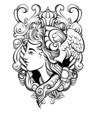 Hermes çizilen illüstrasyon Barok çerçeve ile vektör ver. Dövme resimleri. Şablon kartı, poster. afiş, t-shirt, pin, rozet, yama için yazdırma.