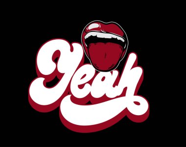 Evet. El yazısı harfler izole 90 's tarzı yaptı vektör. El illüstrasyon dil ile ağız çekilmiş. Şablon kartı, poster, afiş, t-shirt, PIN ve kart için yazdırma.