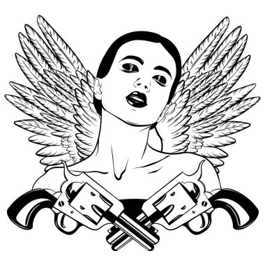 Vektör el çekilmiş gerçekçi kız resmi withguns ve kanatları. Kabataslak el sanat ile portre dövme. Şablon için kart, poster, afiş, t-shirt, etiket, Tekstil için yazdırmak.