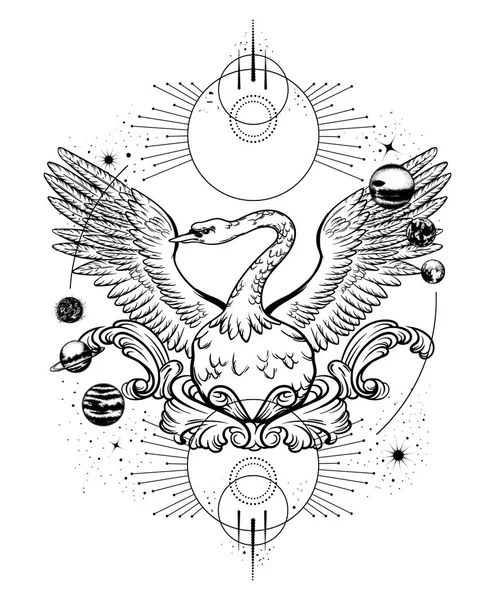 Vector Mão Desenhada Ilustração Cisne Com Planetas Artesanato Tatuagem Modelo —  Vetores de Stock
