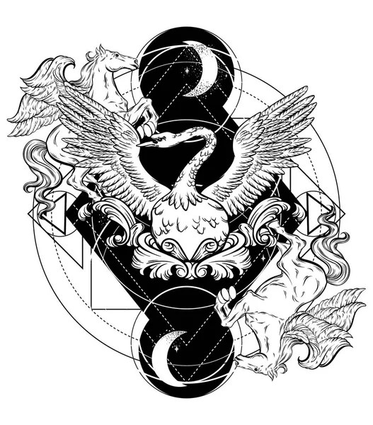 Vector Handen Ritade Illustration Svanen Och Pegasus Surrealistiska Tattoo Artwork — Stock vektor