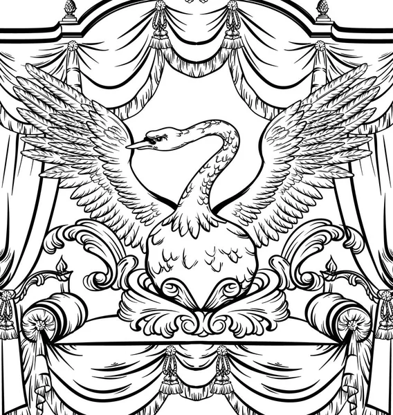 Illustration vectorielle dessinée à la main du cygne sur lit baroque . — Image vectorielle