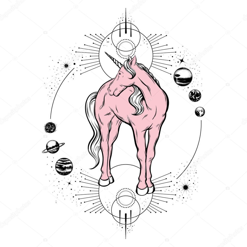 Vector hand drawn illustration of unicorn isolated. Tattoo artwork with planets and geometrical composition. Template for card, poster, banner, print for t-shirt, label, fashion patch,  pin and badge.