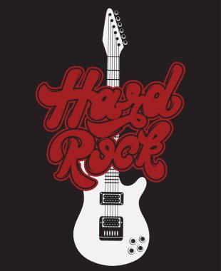 Hard rock. Vektör el yazı çekilmiş. El çizimi gitar çekilmiş. Şablon kartı, poster. afiş, t-shirt, pin, rozet, yama için yazdırma.