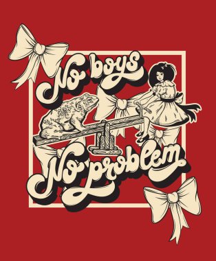 Erkek yok sorun değil. Yazı el yazısı. Kız ve kurbağa çizgi roman illüstrasyon vektör el çekilmiş. Şablon kartı, poster. afiş, t-shirt, pin, rozet, yama için yazdırma.