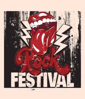 Rock Festivali. Vektör el yazı çekilmiş. Elle çizilmiş resmi dil ile açık ağız. Şablon kartı, poster. afiş, t-shirt, pin, rozet, yama için yazdırma.