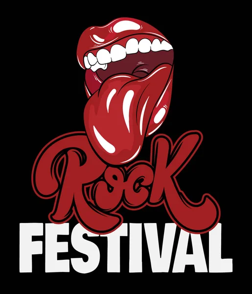 Rock Festivali. Vektör el yazı çekilmiş. Elle çizilmiş resmi dil ile açık ağız. Şablon kartı, poster. afiş, t-shirt, pin, rozet, yama için yazdırma.