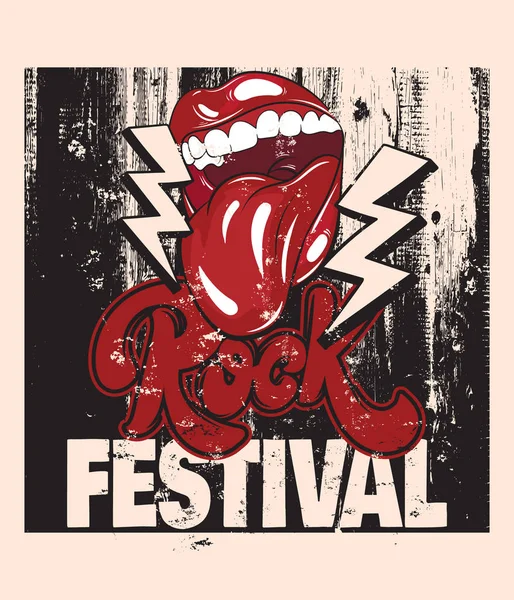 Rockfestival Vektor Handgezeichneten Schriftzug Handgezeichnete Illustration Eines Offenen Mundes Mit — Stockvektor