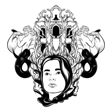 Vektör elle çizilmiş çizim kiremit, triton ve ayrıntılı bina. Gerçeküstü dövme sanat. Şablon kartı, poster. afiş, t-shirt, pin, rozet, yama için yazdırma.