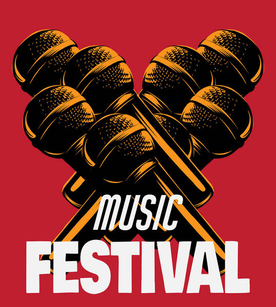 Music festival. Vector hand drawn illustration of microphone made in pointillism style. Template for card, poster, banner, badge and pin. 