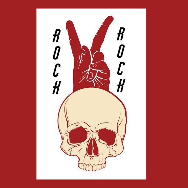 Vector hand drawn illustration of human skull with victory hand . Template for card, poster. banner, print for t-shirt, pin, badge, patch.
