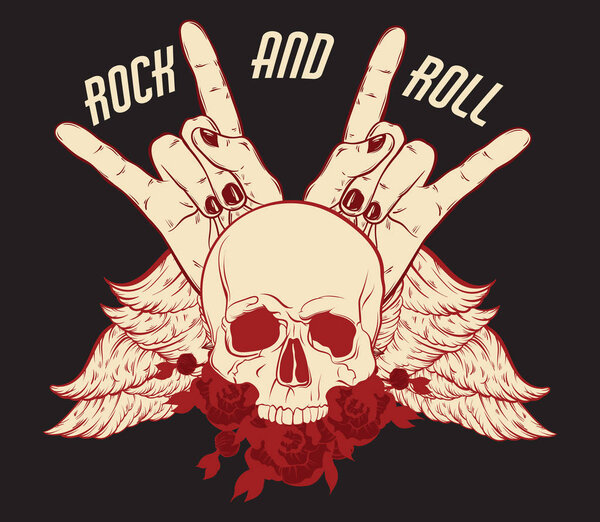 Rock and roll. Vector hand drawn illustration of human skull with flowers, wings and rock hands . Template for card, poster. banner, print for t-shirt, pin, badge, patch.