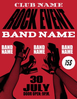 Rock olay poster. Kadın bacak çizilen illüstrasyon vektör ver. Şablon kartı, poster. afiş, t-shirt, pin, rozet, yama için yazdırma.